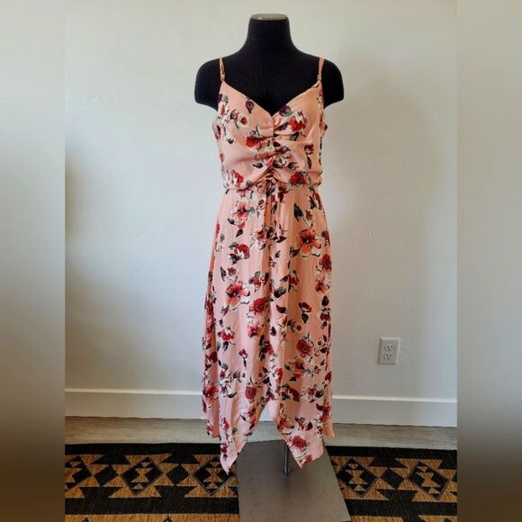 Y2K Pink Floral Fairy Maxi Dress Assymetric Hanky Hem Cottagecore Kawaii L - Picture 1 of 16
